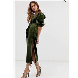 ASOS asymmetric puff sleeve, velvet midi dress
